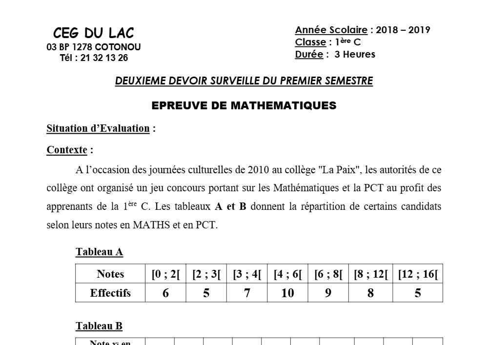 Aperçu de la première page — 1ère C Mathématiques Devoir 2 Semestre 1 CEG du Lac 2018 2019