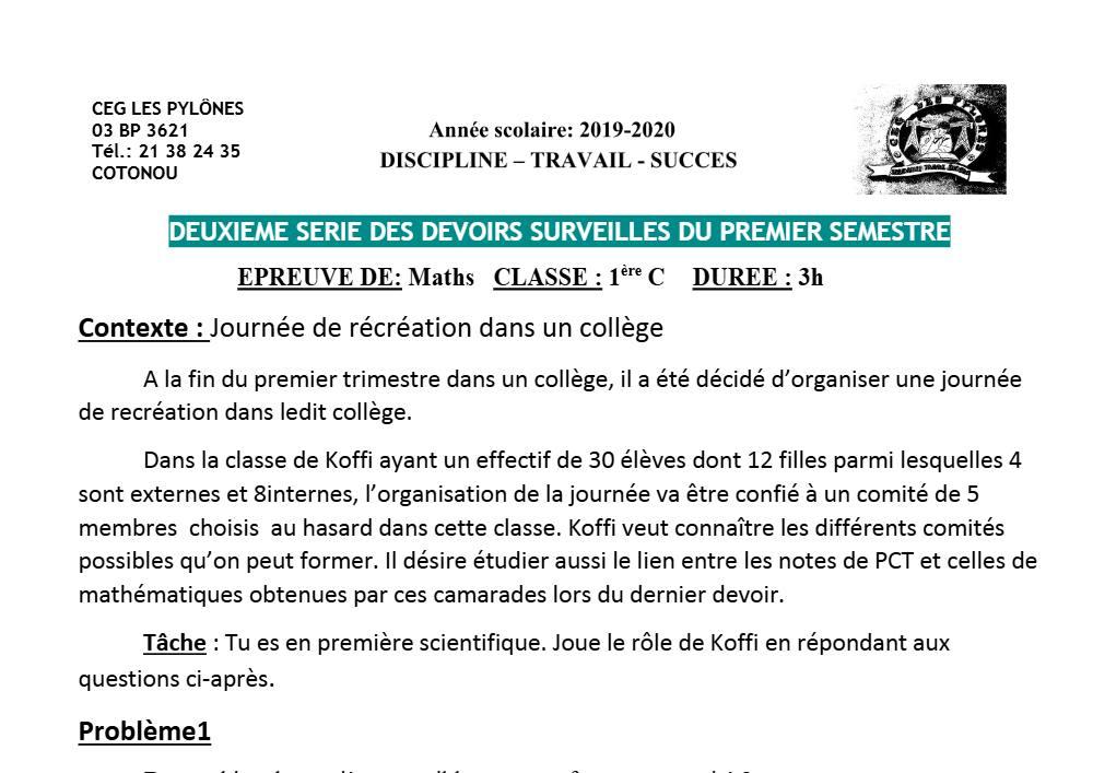 Aperçu de la première page — 1ère C Mathématiques Devoir 2 Semestre 1 CEG Les Pylônes 2019 2020