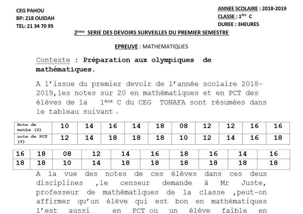 Aperçu de la première page — 1ère C Mathématiques Devoir 2 Semestre 1 CEG Pahou 2018 2019