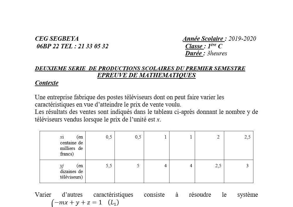 Aperçu de la première page — 1ère C Mathématiques Devoir 2 Semestre 1 CEG Ségbéya 2019 2020