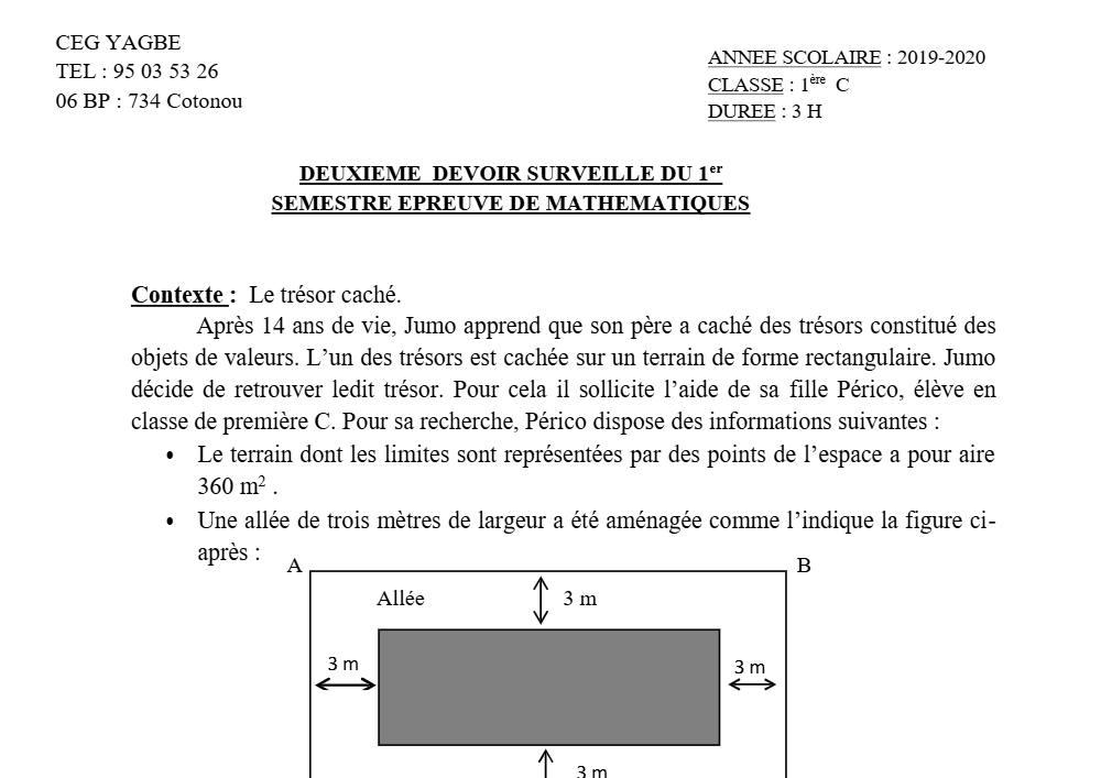 Aperçu de la première page — 1ère C Mathématiques Devoir 2 Semestre 1 CEG Yagbe 2019 2020