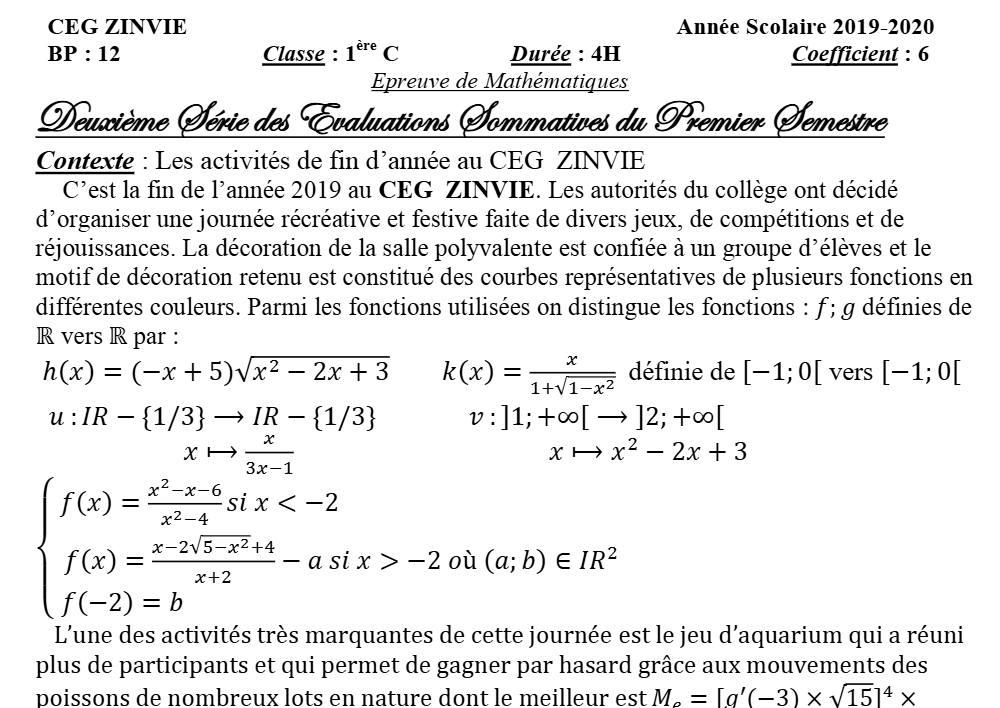 Aperçu de la première page — 1ère C Mathématiques Devoir 2 Semestre 1 CEG Zinvié 2019 2020