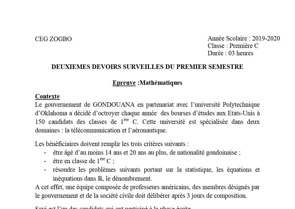 Aperçu de la première page — 1ère C Mathématiques Devoir 2 Semestre 1 CEG Zogbo 2019 2020