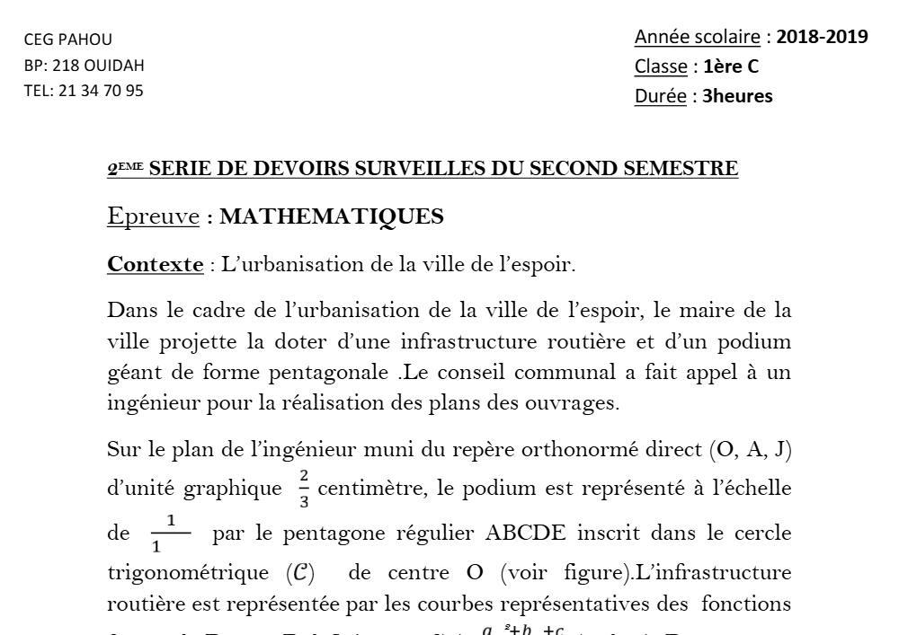 Aperçu de la première page — 1ère C Mathématiques Devoir 2 Semestre 2 CEG Pahou 2018 2019
