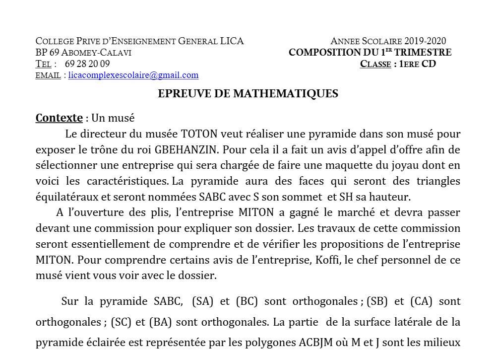 Aperçu de la première page — 1ère CD Mathématiques Devoir 1 Trimestre 1 CPEG Lica 2019 2020