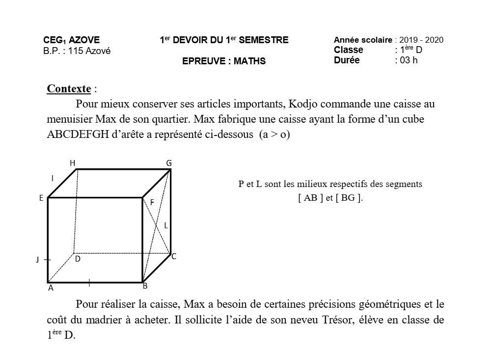 Aperçu de la première page — 1ère D Mathématiques Devoir 1 Semestre 1 CEG1 Azové 2019 2020