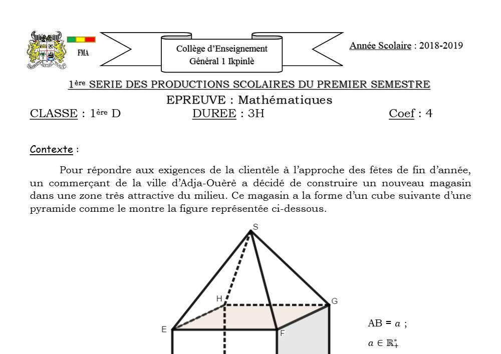 Aperçu de la première page — 1ère D Mathématiques Devoir 1 Semestre 1 CEG1 Ikpinlè 2018 2019