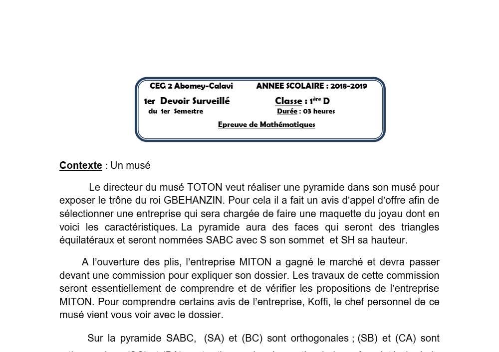 Aperçu de la première page — 1ère D Mathématiques Devoir 1 Semestre 1 CEG2 Abomey Calavi 2018 2019