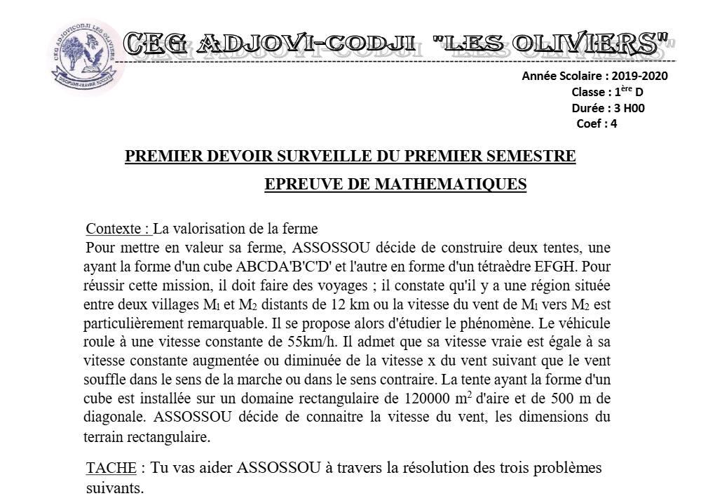 Aperçu de la première page — 1ère D Mathématiques Devoir 1 Semestre 1 CEG Adjovi Codji 2019 2020