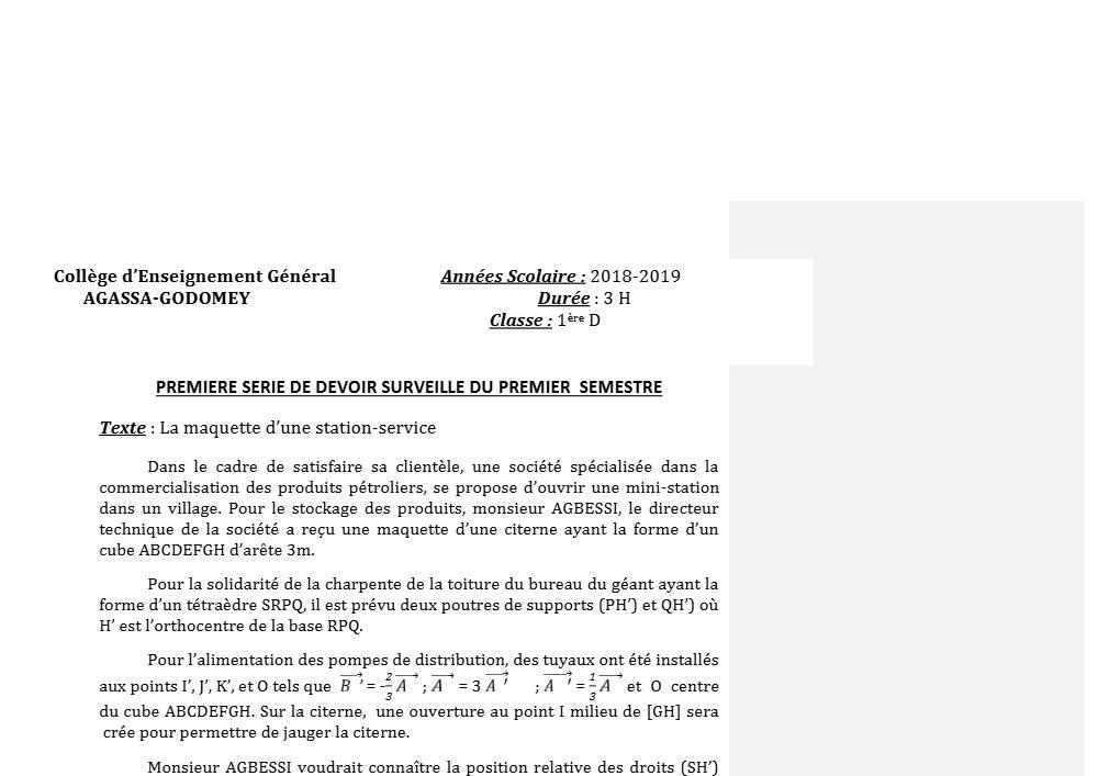 Aperçu de la première page — 1ère D Mathématiques Devoir 1 Semestre 1 CEG Agassa Godomey 2018 2019