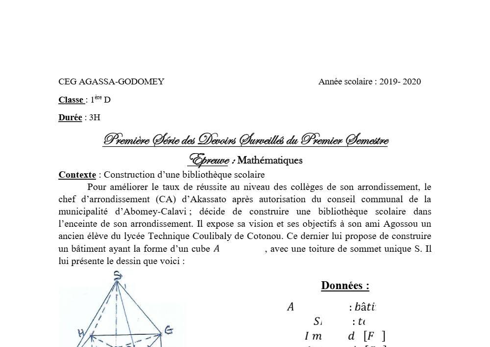 Aperçu de la première page — 1ère D Mathématiques Devoir 1 Semestre 1 CEG Agassa Godomey 2019 2020