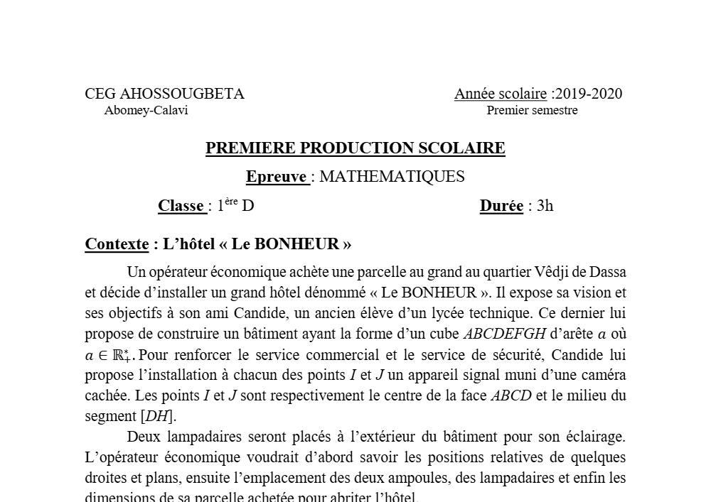 Aperçu de la première page — 1ère D Mathématiques Devoir 1 Semestre 1 CEG Ahossougbéta 2019 2020