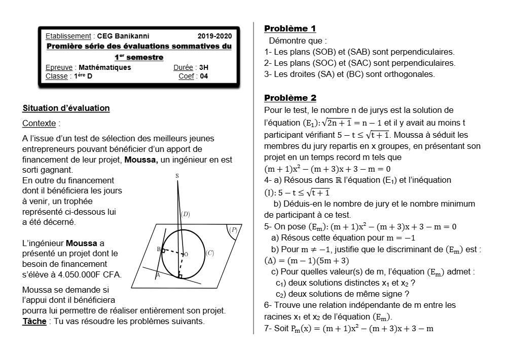 Aperçu de la première page — 1ère D Mathématiques Devoir 1 Semestre 1 CEG Banikanni 2019 2020