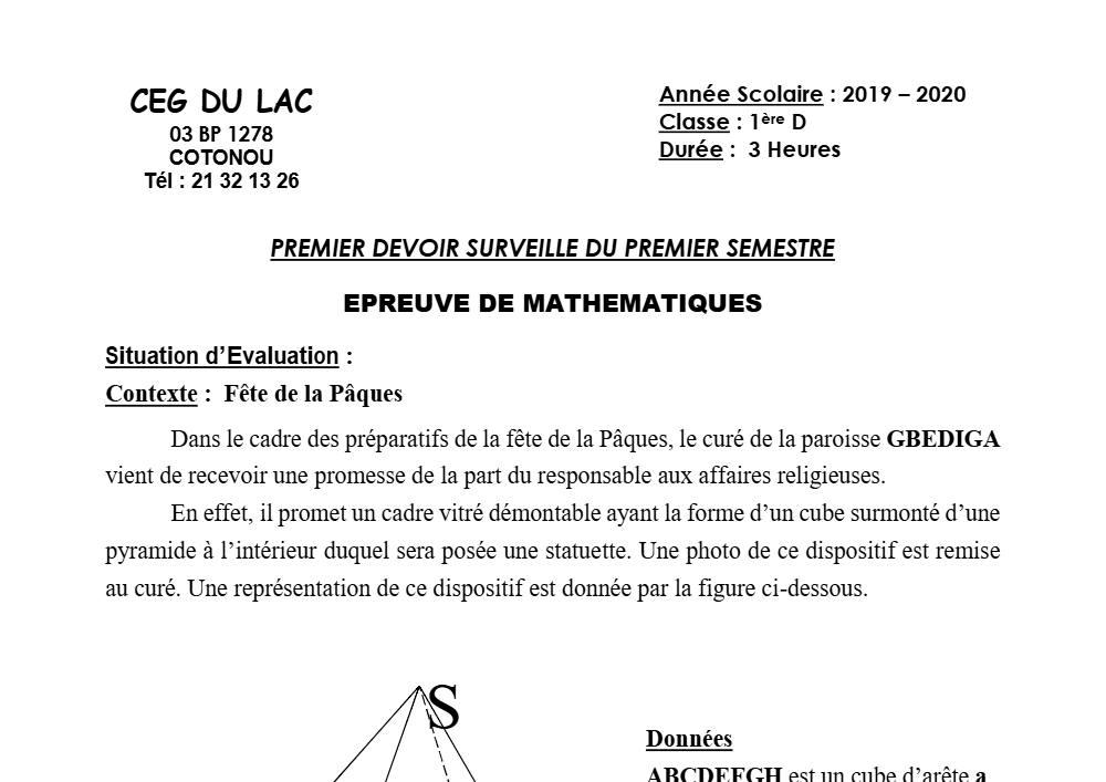 Aperçu de la première page — 1ère D Mathématiques Devoir 1 Semestre 1 CEG du Lac 2019 2020