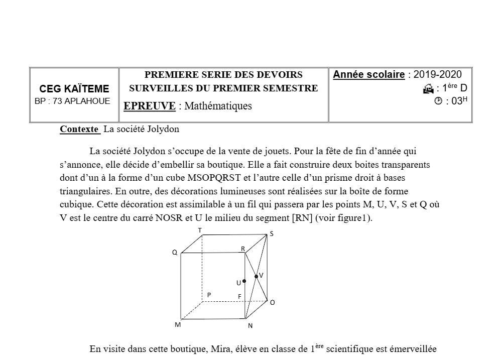 Aperçu de la première page — 1ère D Mathématiques Devoir 1 Semestre 1 CEG Kaïteme 2019 2020