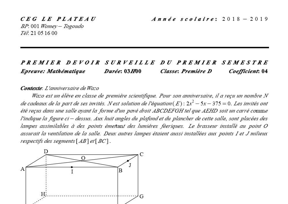 Aperçu de la première page — 1ère D Mathématiques Devoir 1 Semestre 1 CEG Le Plateau 2018 2019