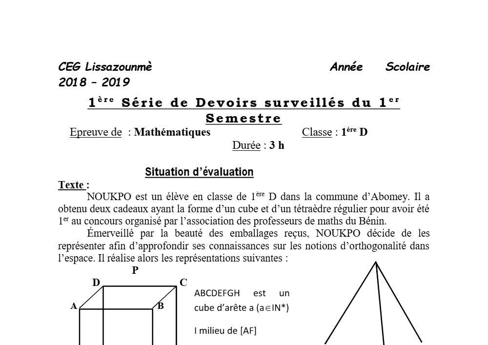 Aperçu de la première page — 1ère D Mathématiques Devoir 1 Semestre 1 CEG Lissazounme 2018 2019