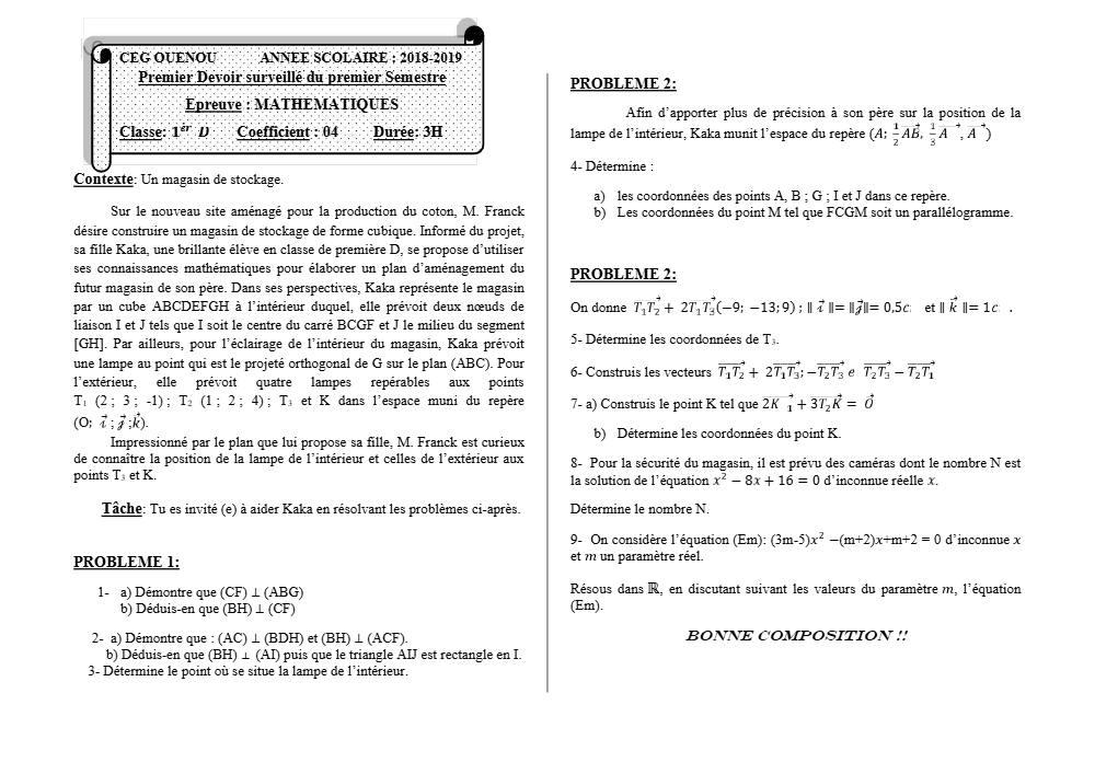 Aperçu de la première page — 1ère D Mathématiques Devoir 1 Semestre 1 CEG Ouenou 2018 2019