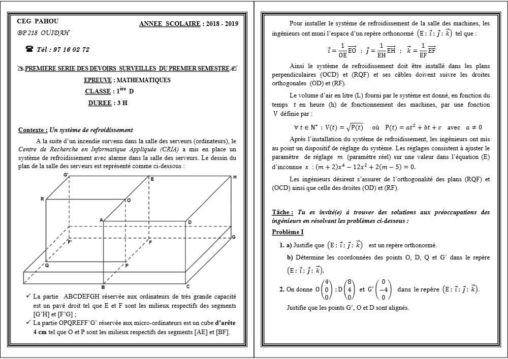 Aperçu de la première page — 1ère D Mathématiques Devoir 1 Semestre 1 CEG Pahou 2018 2019