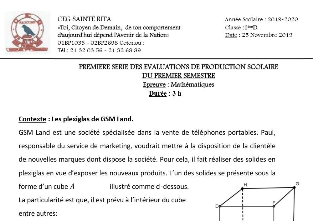 Aperçu de la première page — 1ère D Mathématiques Devoir 1 Semestre 1 CEG Sainte Rita 2019 2020