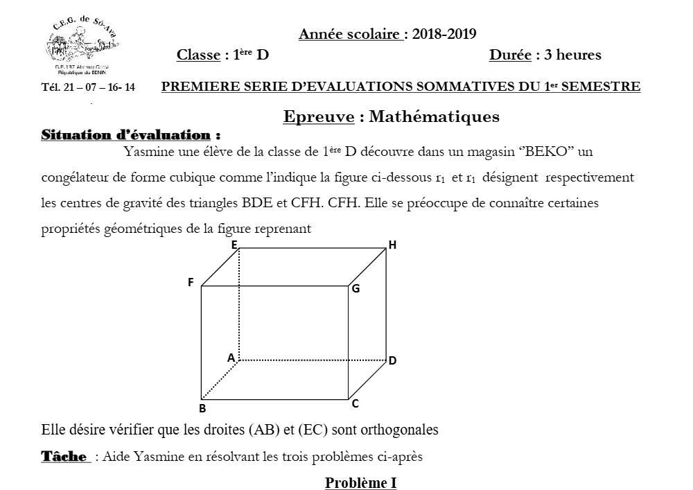 Aperçu de la première page — 1ère D Mathématiques Devoir 1 Semestre 1 CEG So Ava 2018 2019