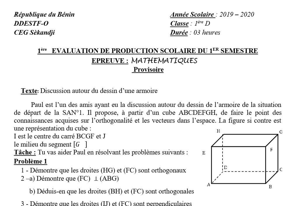 Aperçu de la première page — 1ère D Mathématiques Devoir 1 Semestre 1 CEG Sèkandji 2019 2020