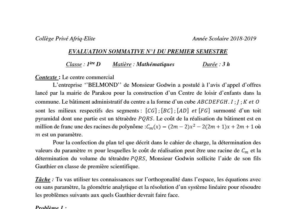Aperçu de la première page — 1ère D Mathématiques Devoir 1 Semestre 1 CEG Tchatchou 2018 2019