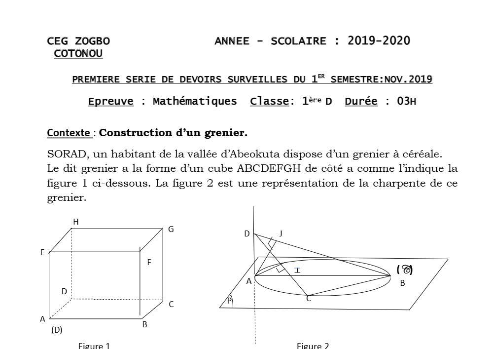 Aperçu de la première page — 1ère D Mathématiques Devoir 1 Semestre 1 CEG Zogbo 2019 2020
