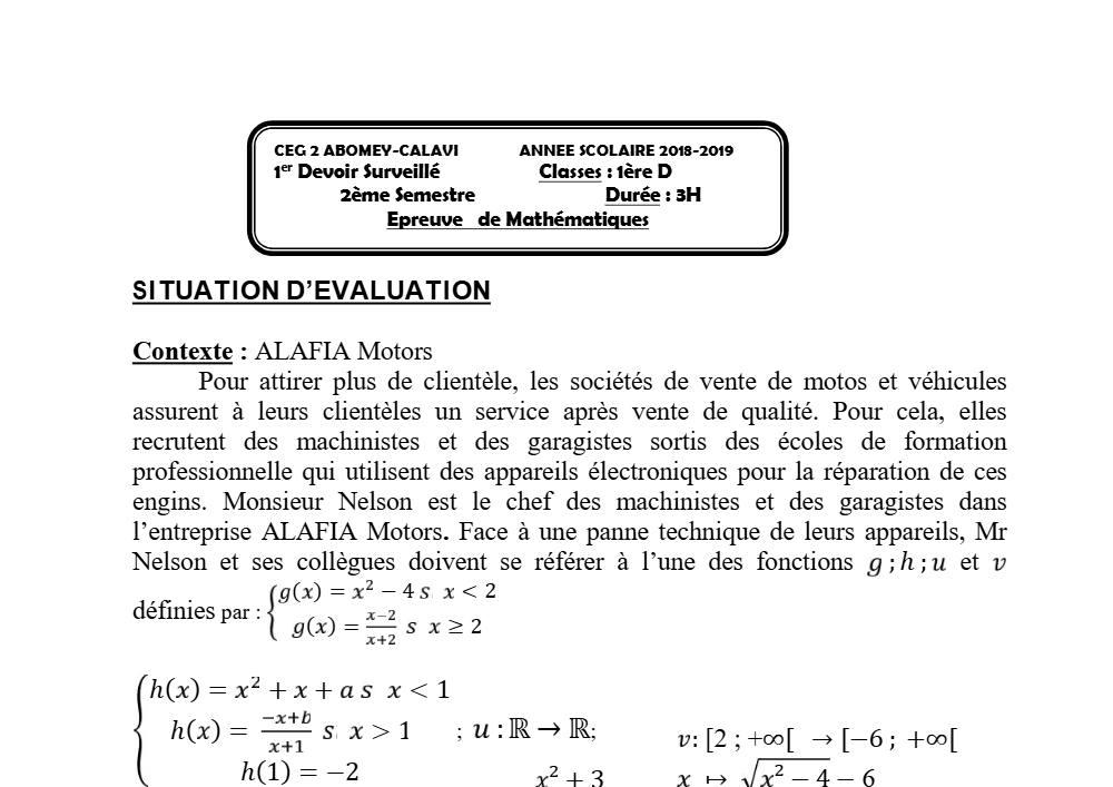 Aperçu de la première page — 1ère D Mathématiques Devoir 1 Semestre 2 CEG2 Abomey Calavi 2018 2019