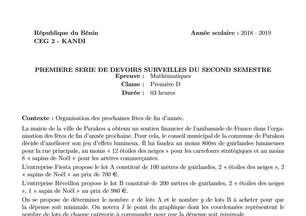 Aperçu de la première page — 1ère D Mathématiques Devoir 1 Semestre 2 CEG2 Kandi 2018 2019