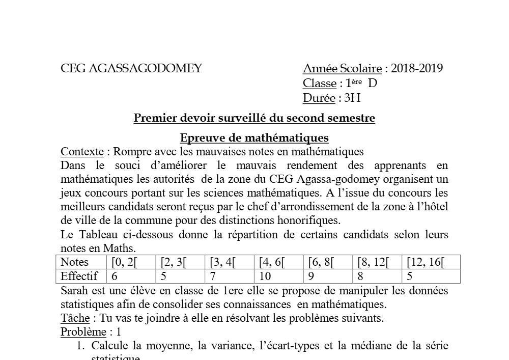 Aperçu de la première page — 1ère D Mathématiques Devoir 1 Semestre 2 CEG Agassa Godomey 2018 2019
