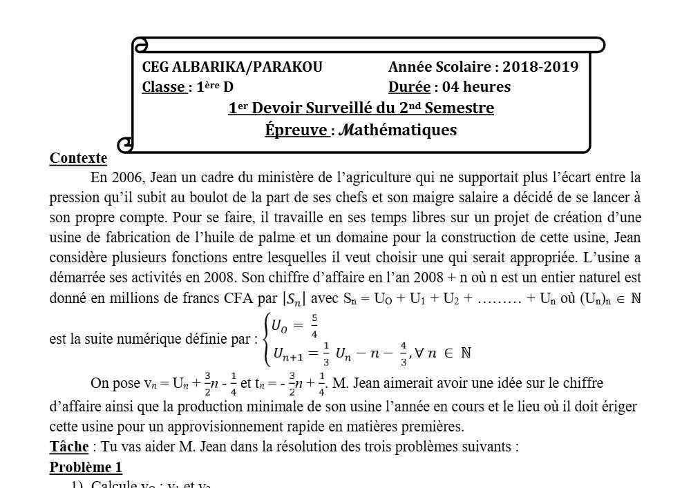 Aperçu de la première page — 1ère D Mathématiques Devoir 1 Semestre 2 CEG Albarika 2018 2019