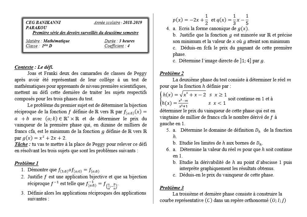 Aperçu de la première page — 1ère D Mathématiques Devoir 1 Semestre 2 CEG Banikanni 2018 2019