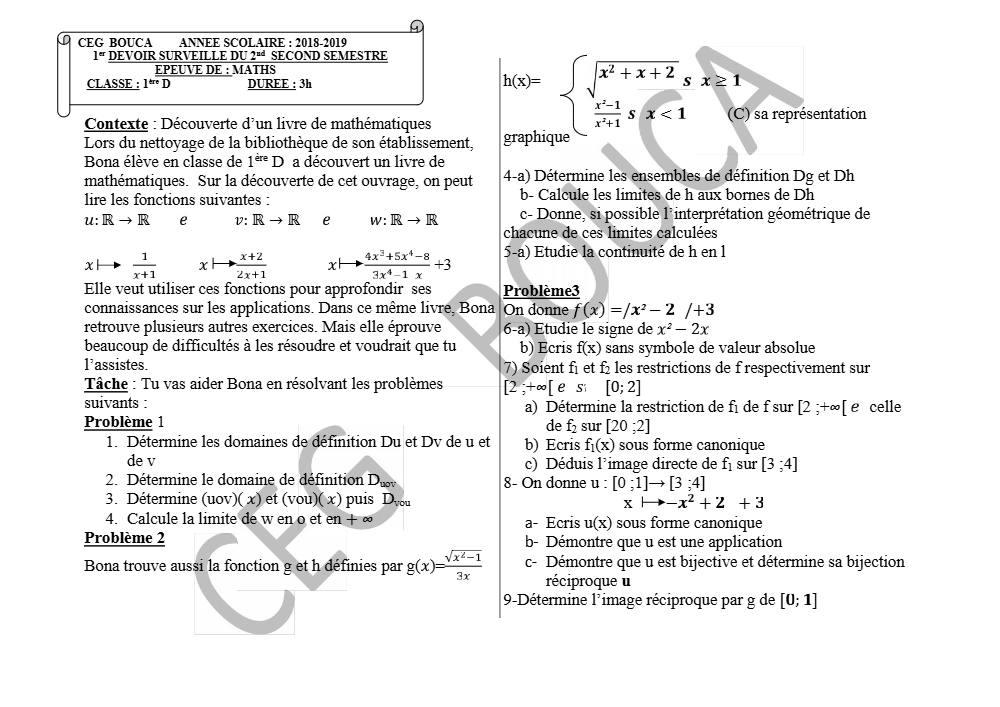 Aperçu de la première page — 1ère D Mathématiques Devoir 1 Semestre 2 CEG Bouca 2018 2019