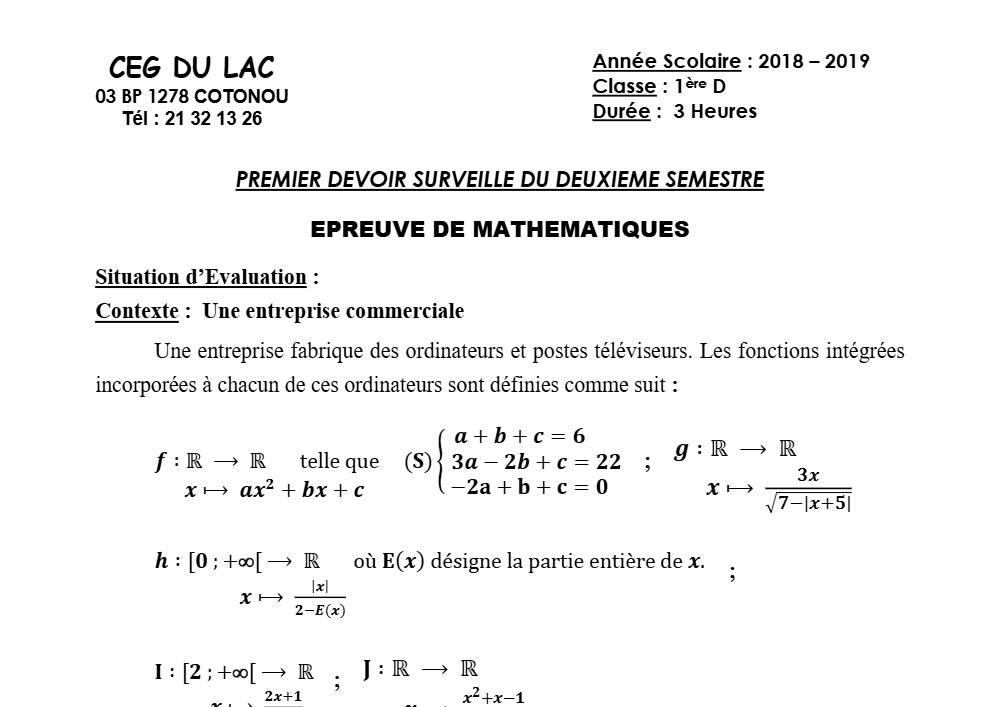 Aperçu de la première page — 1ère D Mathématiques Devoir 1 Semestre 2 CEG du Lac 2018 2019