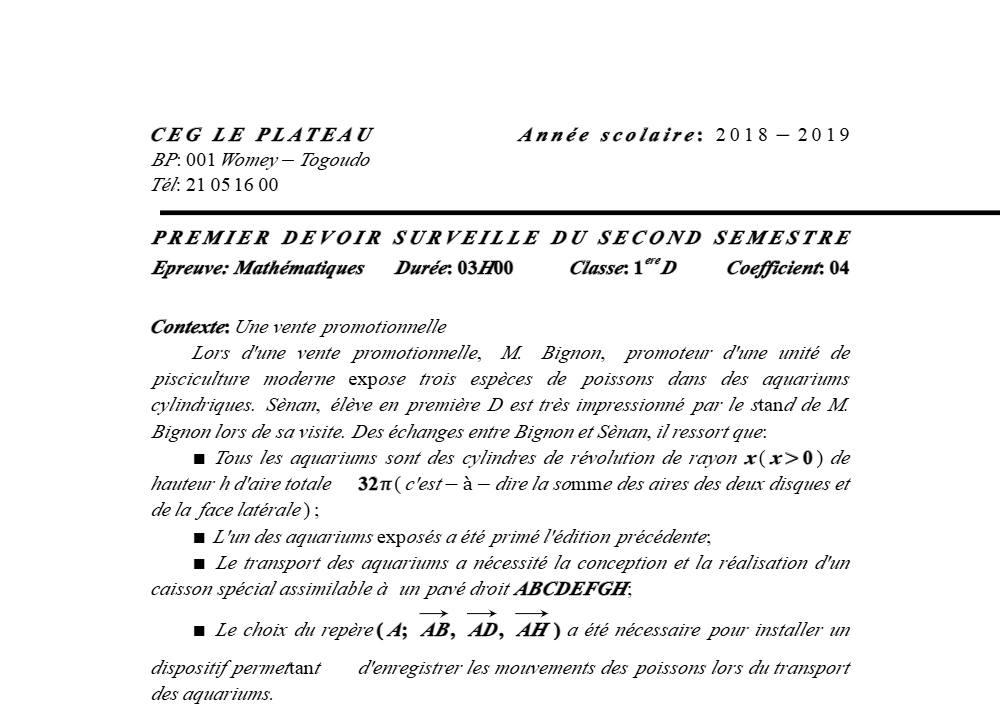 Aperçu de la première page — 1ère D Mathématiques Devoir 1 Semestre 2 CEG Le Plateau 2018 2019
