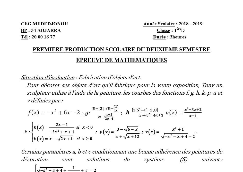 Aperçu de la première page — 1ère D Mathématiques Devoir 1 Semestre 2 CEG Mededjonou 2018 2019