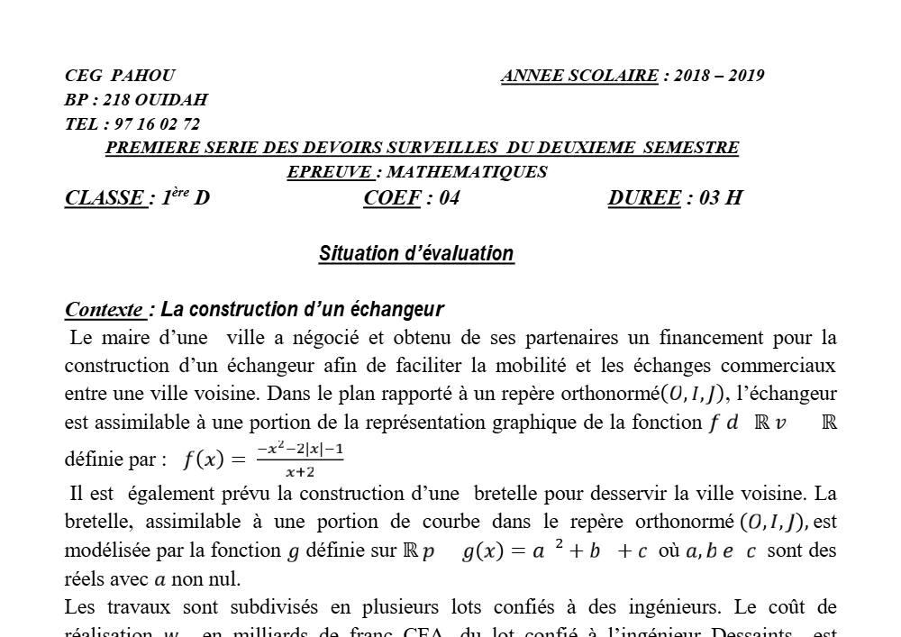 Aperçu de la première page — 1ère D Mathématiques Devoir 1 Semestre 2 CEG Pahou 2018 2019