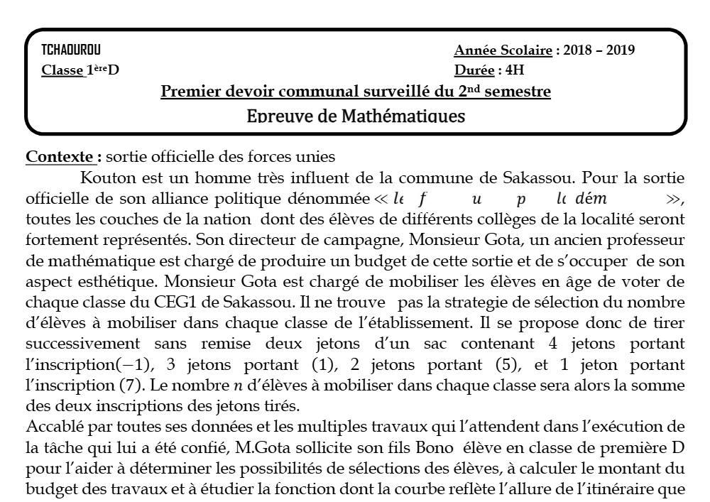Aperçu de la première page — 1ère D Mathématiques Devoir 1 Semestre 2 CEG Tchaourou 2018 2019