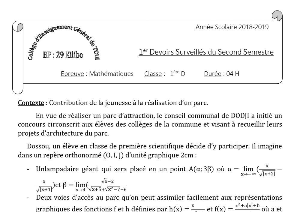 Aperçu de la première page — 1ère D Mathématiques Devoir 1 Semestre 2 CEG Toui 2018 2019