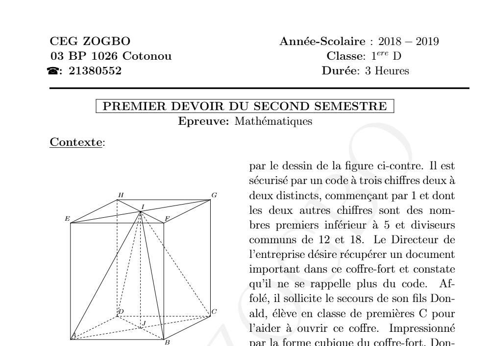 Aperçu de la première page — 1ère D Mathématiques Devoir 1 Semestre 2 CEG Zogbo 2018 2019