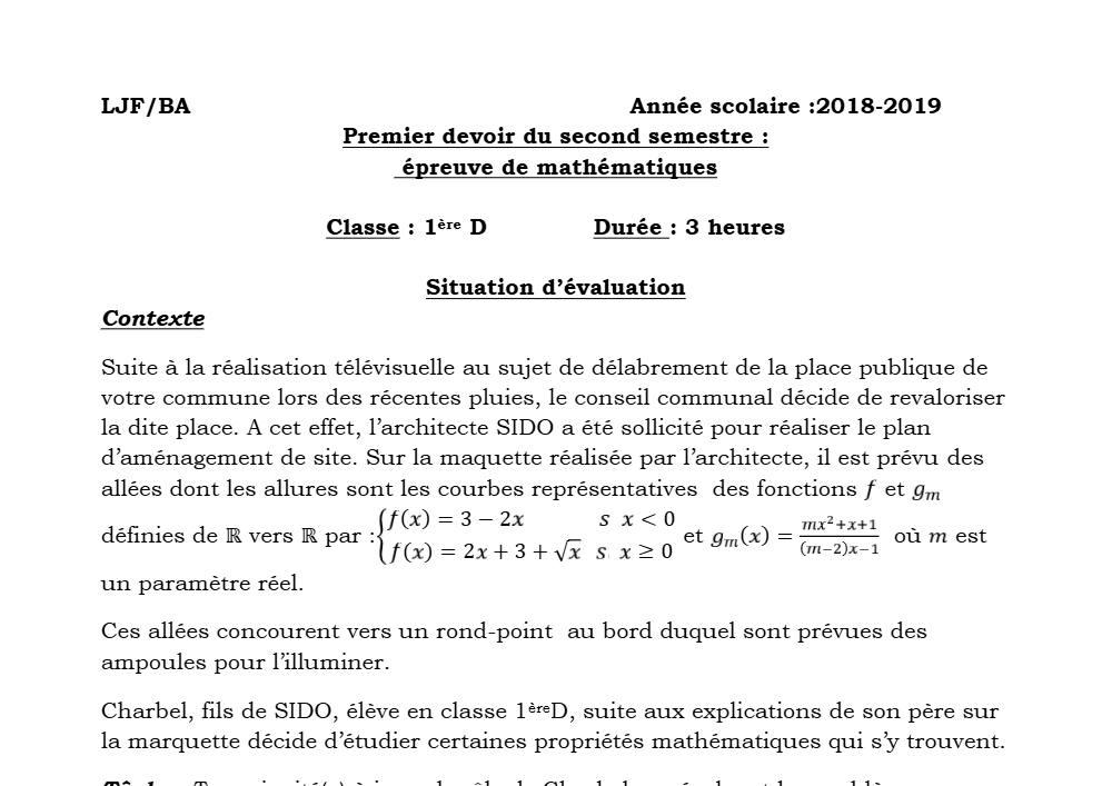 Aperçu de la première page — 1ère D Mathématiques Devoir 1 Semestre 2 Ljf Ba 2018 2019