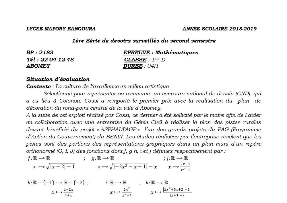 Aperçu de la première page — 1ère D Mathématiques Devoir 1 Semestre 2 Lycée Mafory Bangoura 2018 2019