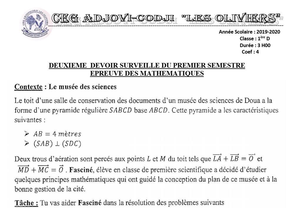 Aperçu de la première page — 1ère D Mathématiques Devoir 2 Semestre 1 CEG Adjovi Codji 2019 2020