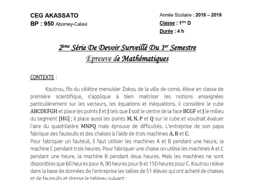 Aperçu de la première page — 1ère D Mathématiques Devoir 2 Semestre 1 CEG Akassato 2018 2019