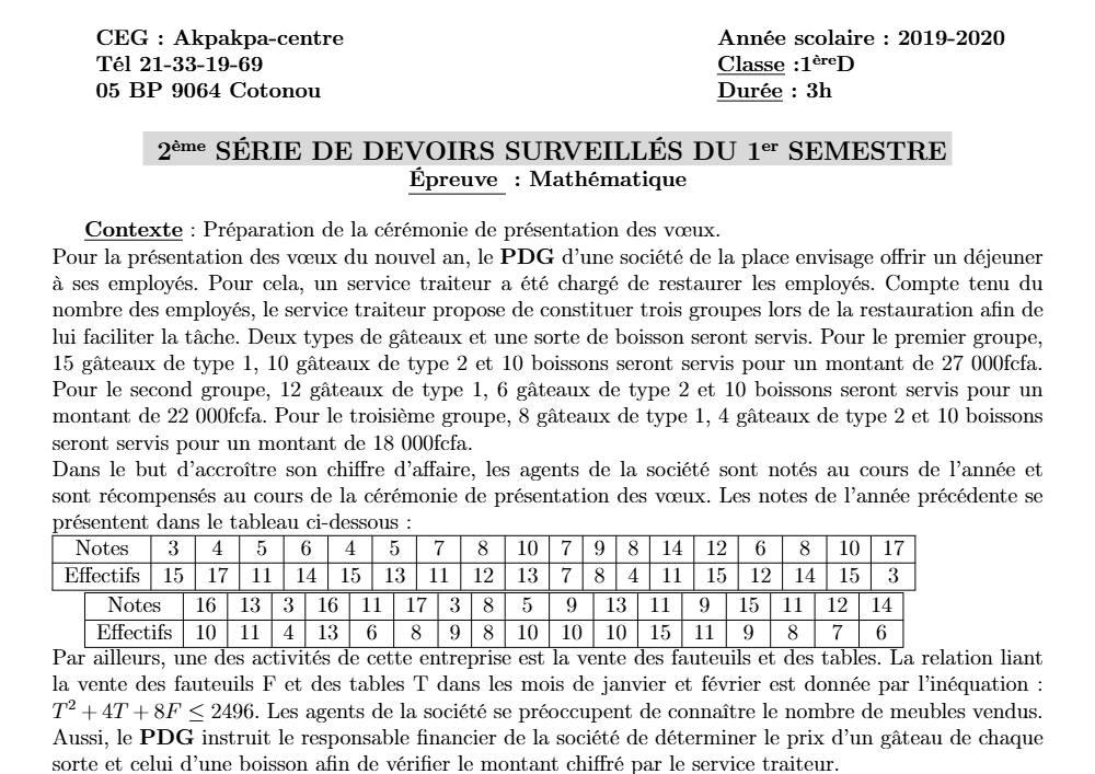 Aperçu de la première page — 1ère D Mathématiques Devoir 2 Semestre 1 CEG Akpakpa 2019 2020
