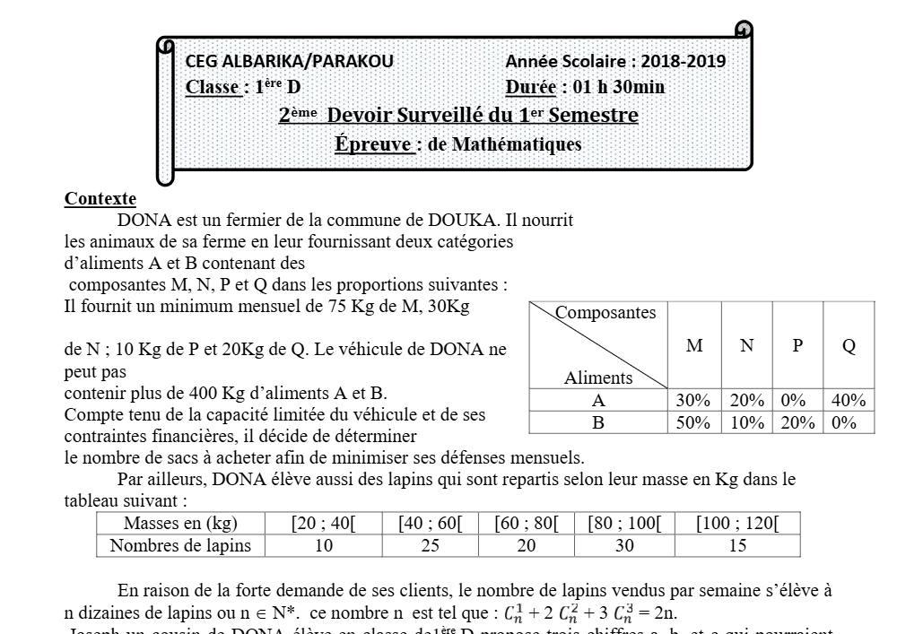 Aperçu de la première page — 1ère D Mathématiques Devoir 2 Semestre 1 CEG Albarika 2018 2019