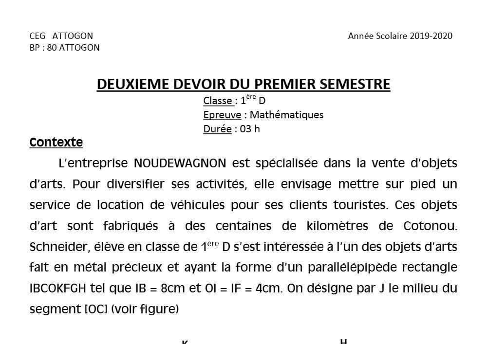 Aperçu de la première page — 1ère D Mathématiques Devoir 2 Semestre 1 CEG Attogon 2019 2020