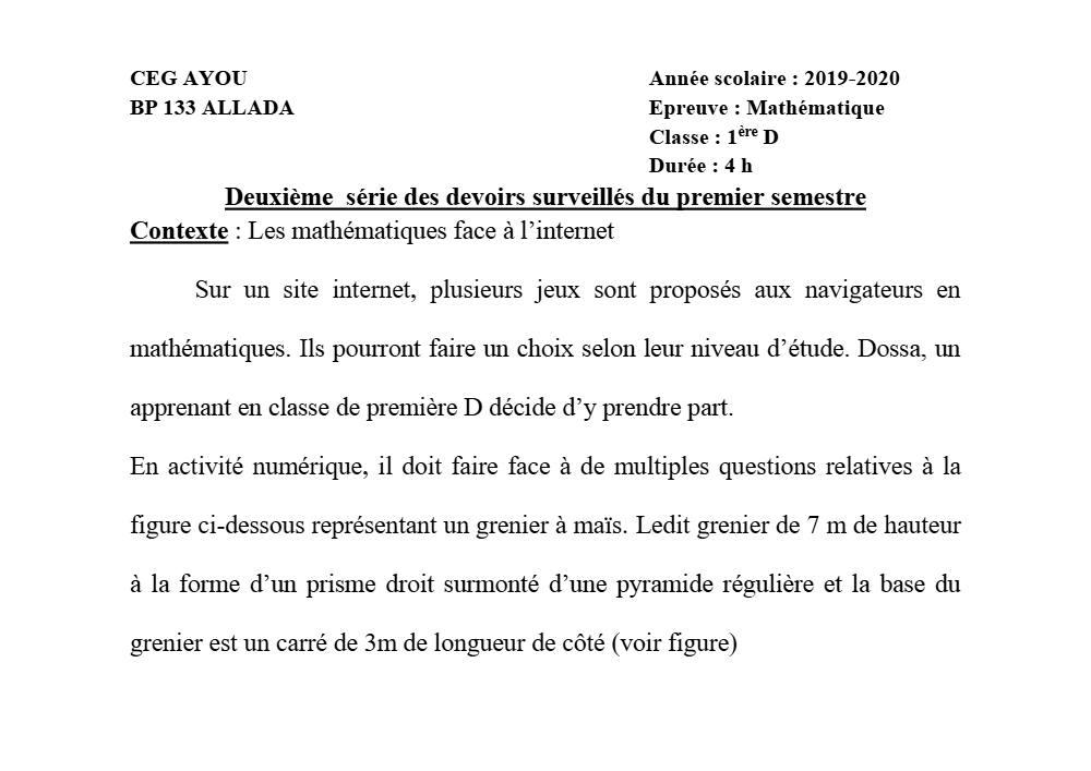Aperçu de la première page — 1ère D Mathématiques Devoir 2 Semestre 1 CEG Ayou 2019 2020