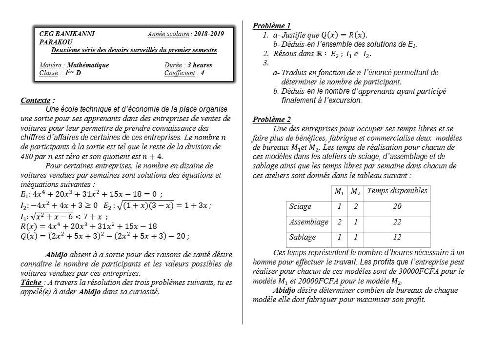 Aperçu de la première page — 1ère D Mathématiques Devoir 2 Semestre 1 CEG Banikanni 2018 2019